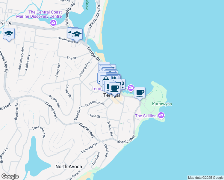 map of restaurants, bars, coffee shops, grocery stores, and more near 66 Terrigal Esplanade in Terrigal