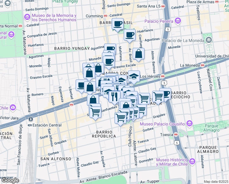 map of restaurants, bars, coffee shops, grocery stores, and more near 2236 Avenida Libertador Bernardo O'Higgins in Santiago