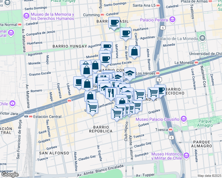 map of restaurants, bars, coffee shops, grocery stores, and more near 2236 Avenida Libertador Bernardo O'Higgins in Santiago