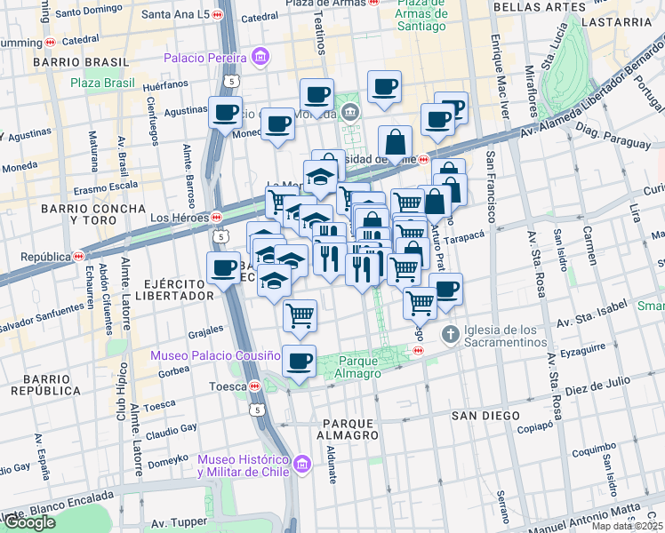 map of restaurants, bars, coffee shops, grocery stores, and more near 166 Lord Cochrane in Santiago