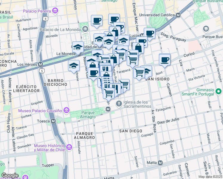 map of restaurants, bars, coffee shops, grocery stores, and more near Eleuterio Ramírez in Santiago