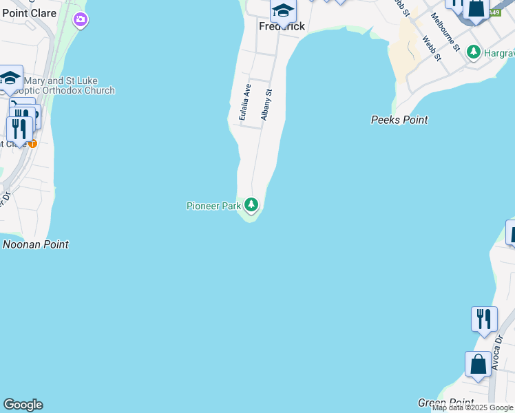 map of restaurants, bars, coffee shops, grocery stores, and more near 1 Albany Street in Point Frederick