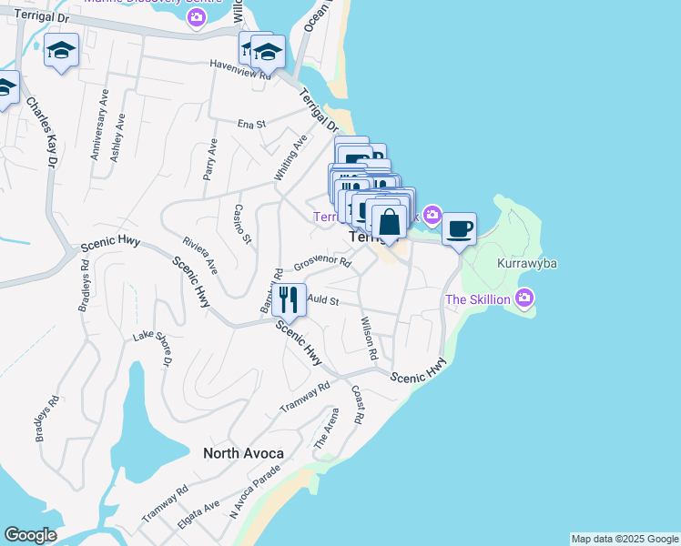 map of restaurants, bars, coffee shops, grocery stores, and more near 24 Kurrawyba Avenue in Terrigal