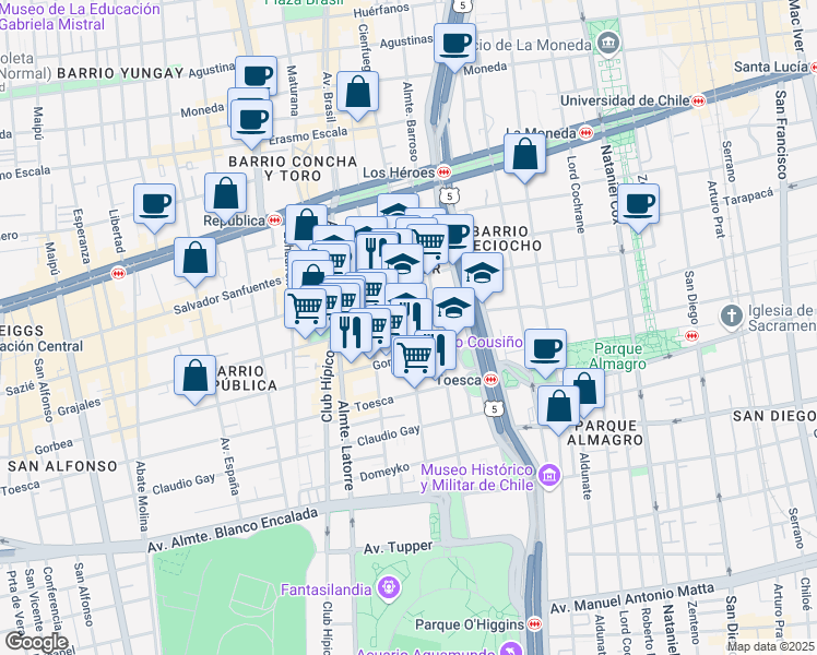 map of restaurants, bars, coffee shops, grocery stores, and more near 324 Vergara in Santiago