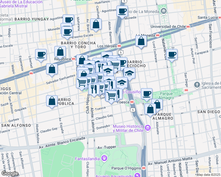 map of restaurants, bars, coffee shops, grocery stores, and more near 324 Vergara in Santiago