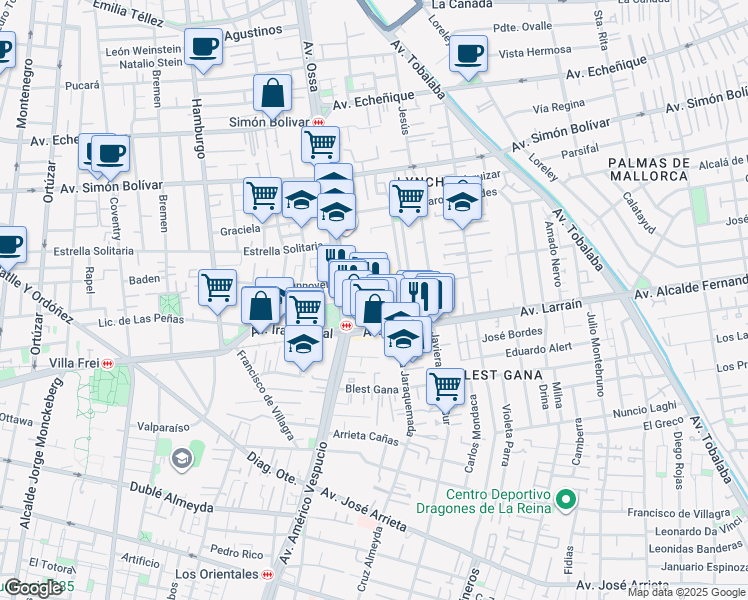 map of restaurants, bars, coffee shops, grocery stores, and more near 123 Avenida Ossa in La Reina
