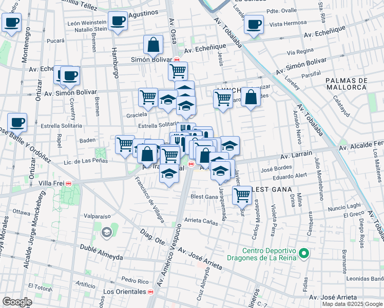 map of restaurants, bars, coffee shops, grocery stores, and more near 123 Avenida Ossa in La Reina