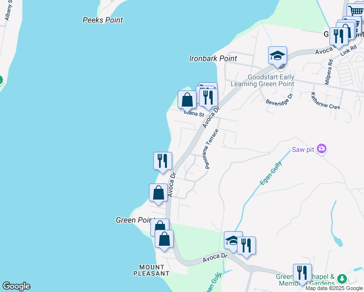 map of restaurants, bars, coffee shops, grocery stores, and more near 22 Edgewater Avenue in Green Point