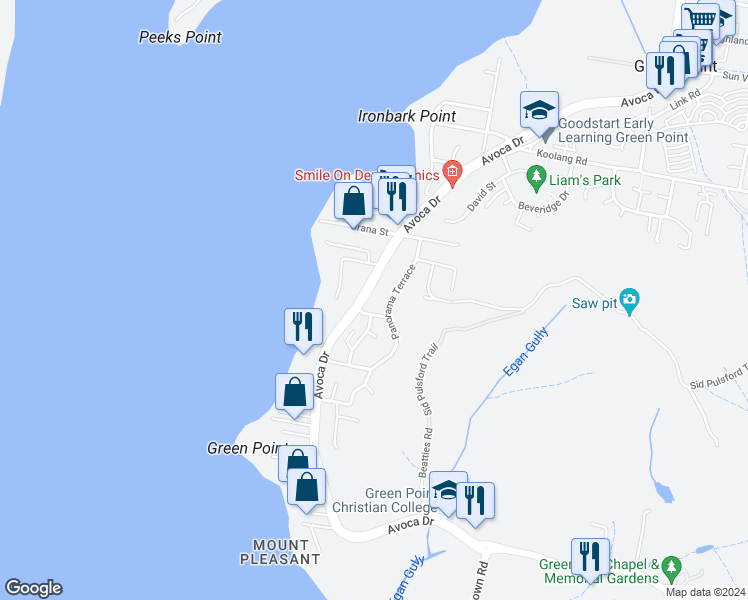 map of restaurants, bars, coffee shops, grocery stores, and more near 240 Avoca Drive in Green Point