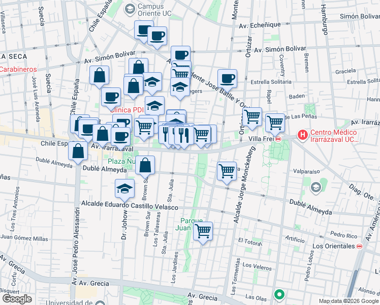 map of restaurants, bars, coffee shops, grocery stores, and more near 1 Los Jardines in Ñuñoa