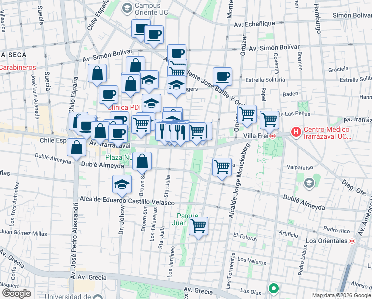 map of restaurants, bars, coffee shops, grocery stores, and more near 1 Los Jardines in Ñuñoa