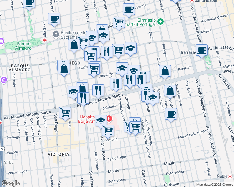 map of restaurants, bars, coffee shops, grocery stores, and more near 581 Manuel Antonio Matta in Santiago