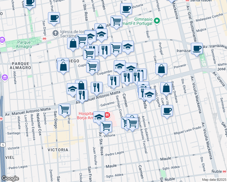 map of restaurants, bars, coffee shops, grocery stores, and more near 581 Manuel Antonio Matta in Santiago