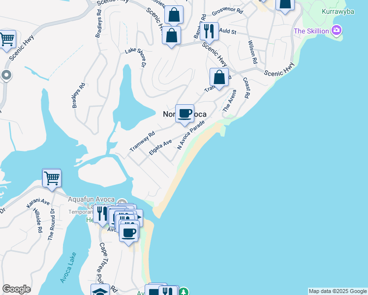 map of restaurants, bars, coffee shops, grocery stores, and more near 24 North Avoca Parade in North Avoca