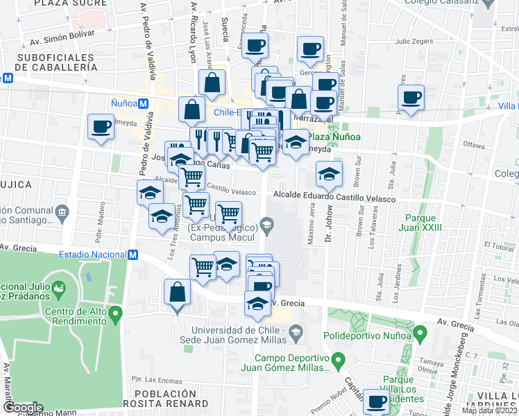 map of restaurants, bars, coffee shops, grocery stores, and more near 557 Avenida José Pedro Alessandri in Ñuñoa