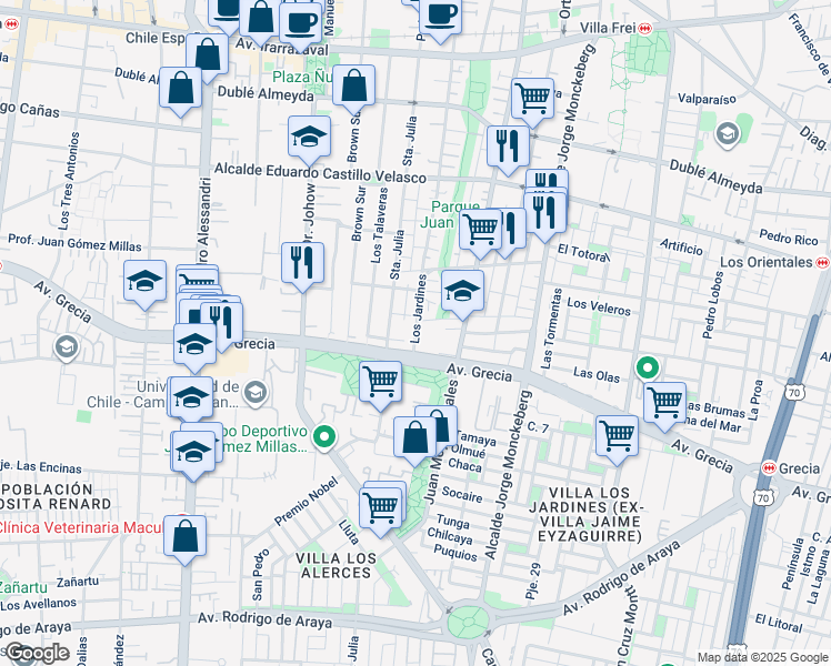 map of restaurants, bars, coffee shops, grocery stores, and more near 991 Los Jardines in Santiago