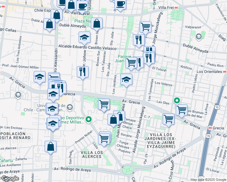 map of restaurants, bars, coffee shops, grocery stores, and more near 991 Los Jardines in Santiago
