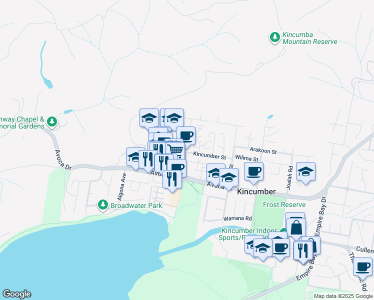 map of restaurants, bars, coffee shops, grocery stores, and more near Bungoona Road in Kincumber