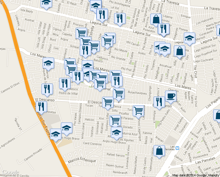 map of restaurants, bars, coffee shops, grocery stores, and more near Parque Arauco in Santiago