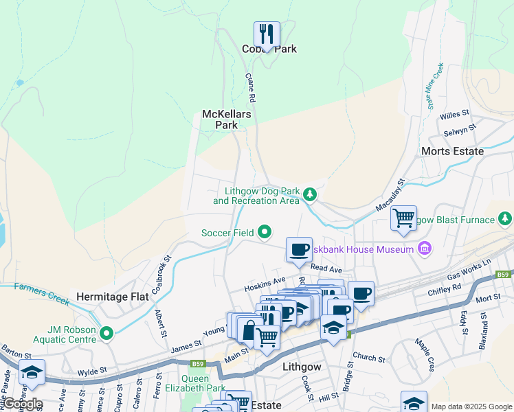 map of restaurants, bars, coffee shops, grocery stores, and more near LOT 2 Sandford Avenue in Lithgow