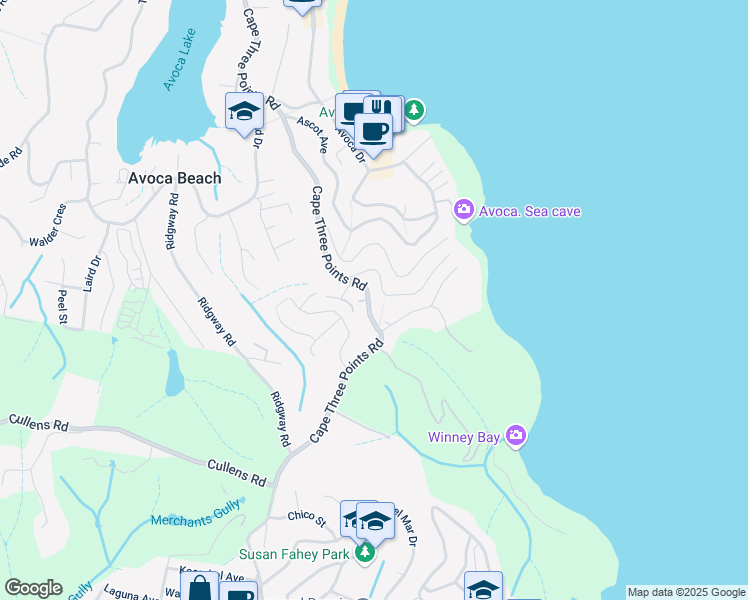 map of restaurants, bars, coffee shops, grocery stores, and more near 106 Cape Three Points Road in Avoca Beach