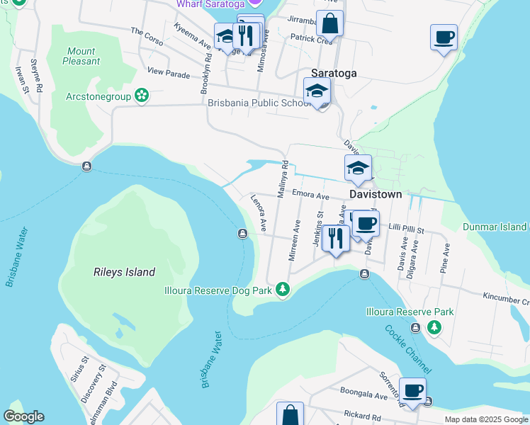 map of restaurants, bars, coffee shops, grocery stores, and more near 7 Lenora Avenue in Davistown