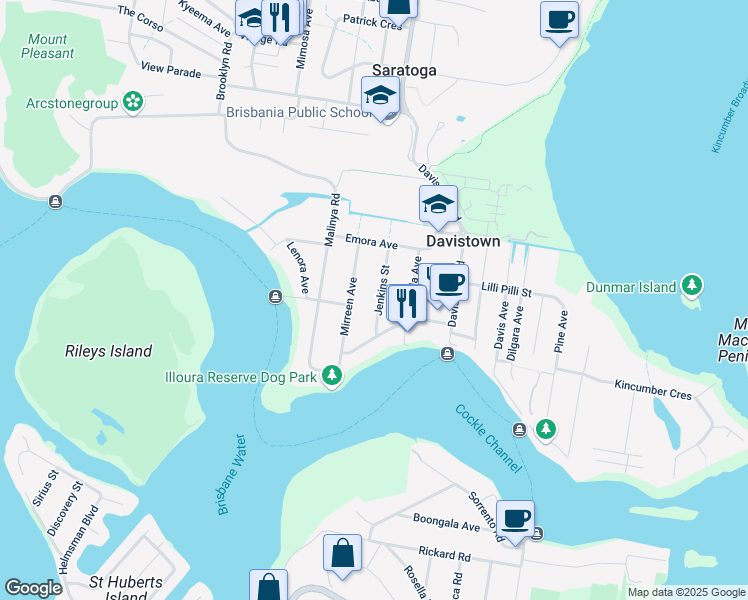 map of restaurants, bars, coffee shops, grocery stores, and more near 20 Jenkins Street in Davistown