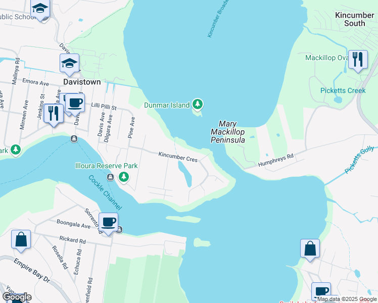 map of restaurants, bars, coffee shops, grocery stores, and more near 46 Kincumber Crescent in Davistown