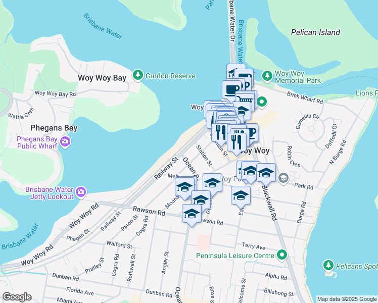 map of restaurants, bars, coffee shops, grocery stores, and more near 94 Railway Street in Woy Woy