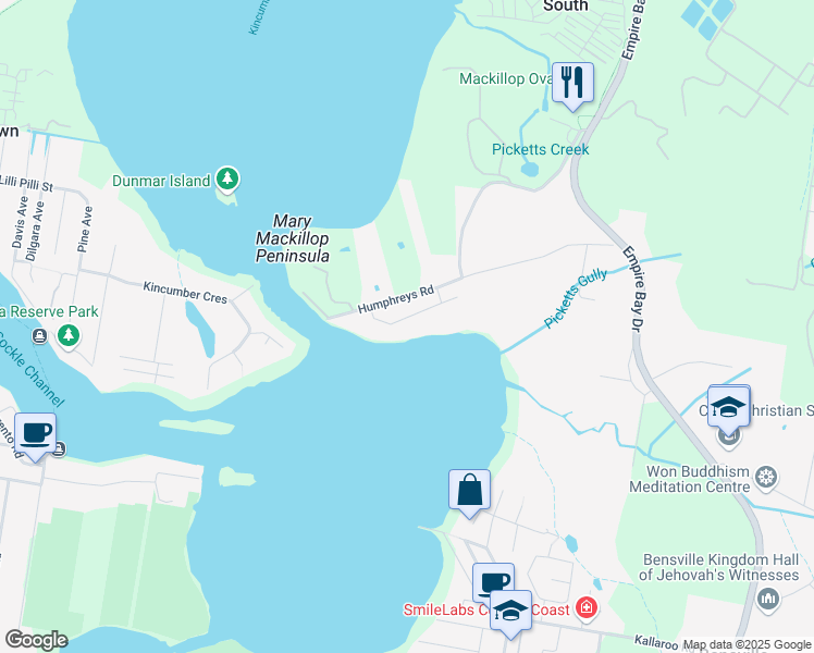 map of restaurants, bars, coffee shops, grocery stores, and more near 16 Carrela Parade in Kincumber South