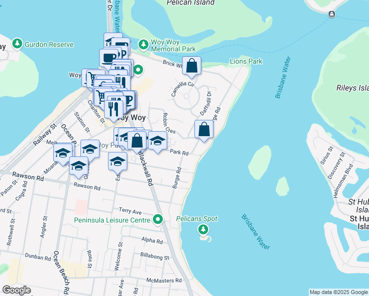 map of restaurants, bars, coffee shops, grocery stores, and more near 5 Park Road in Woy Woy