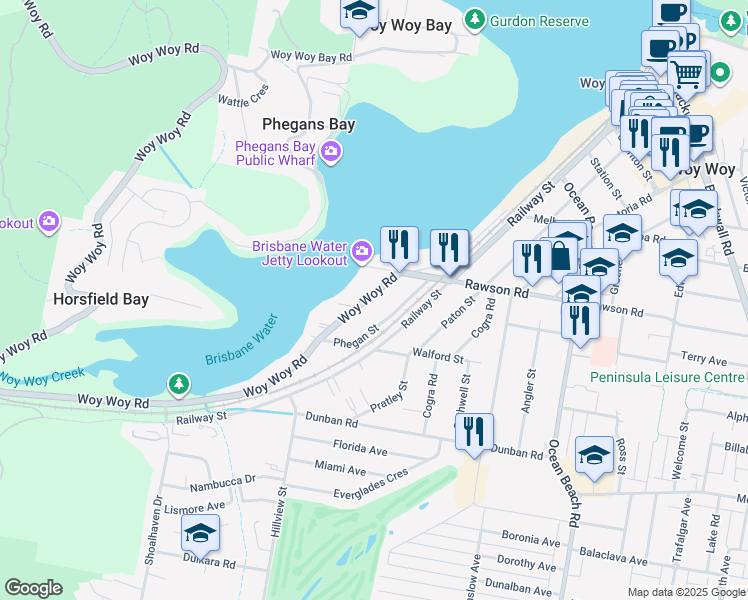 map of restaurants, bars, coffee shops, grocery stores, and more near 20 Woy Woy Road in Woy Woy