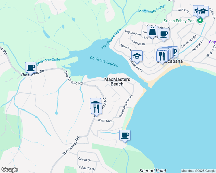 map of restaurants, bars, coffee shops, grocery stores, and more near 6 Newell Road in Macmasters Beach