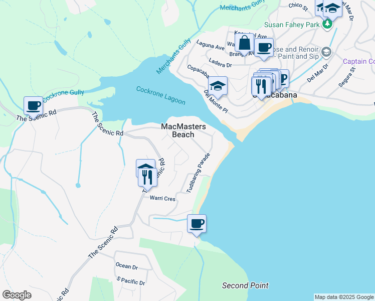 map of restaurants, bars, coffee shops, grocery stores, and more near 23 Newell Road in Macmasters Beach