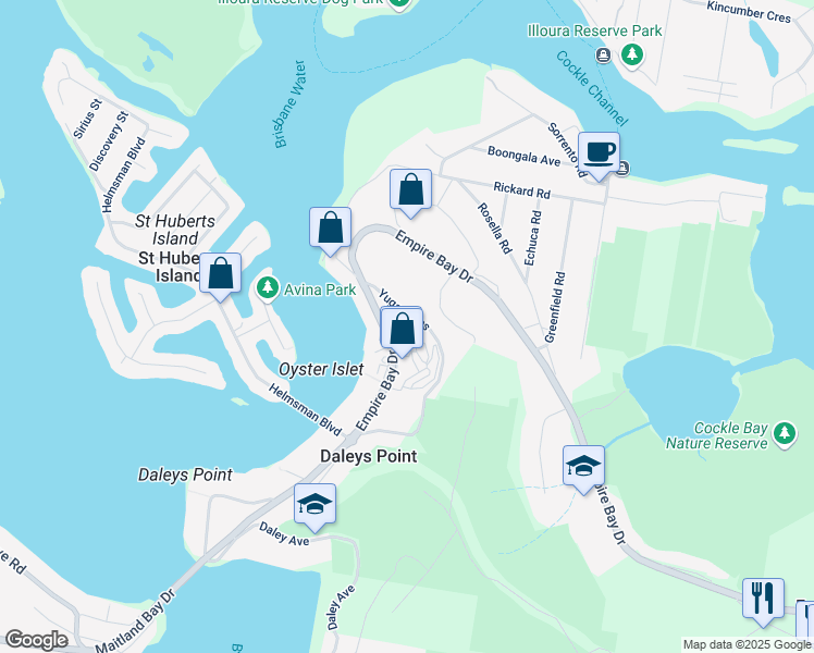 map of restaurants, bars, coffee shops, grocery stores, and more near 54 Yugari Crescent in Daleys Point