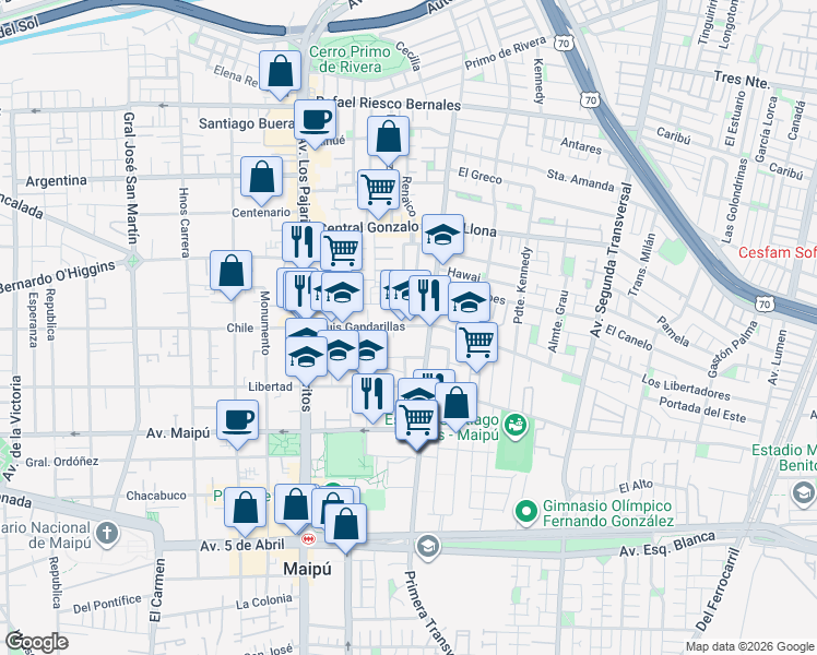 map of restaurants, bars, coffee shops, grocery stores, and more near 359 Luis Gandarillas in Santiago