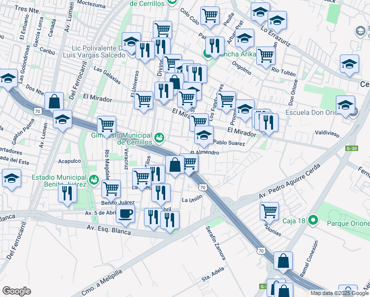 map of restaurants, bars, coffee shops, grocery stores, and more near Avenida Américo Vespucio in Santiago
