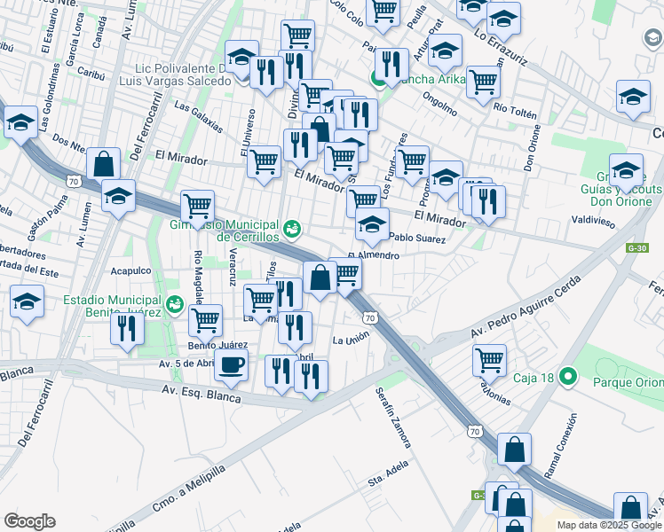 map of restaurants, bars, coffee shops, grocery stores, and more near Avenida Américo Vespucio in Santiago