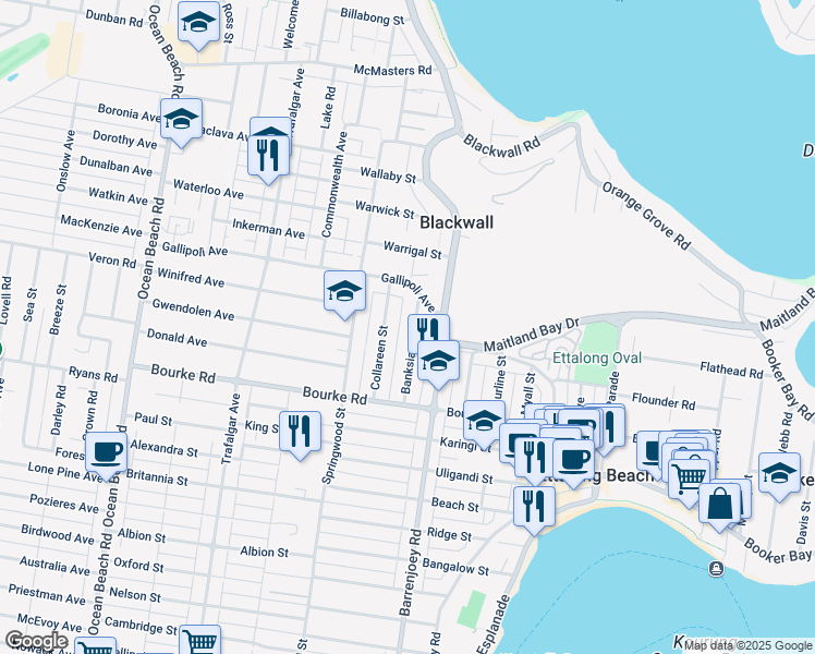 map of restaurants, bars, coffee shops, grocery stores, and more near 19 Banksia Street in Ettalong Beach