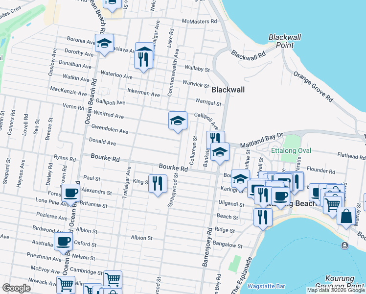 map of restaurants, bars, coffee shops, grocery stores, and more near 78 Springwood Street in Ettalong Beach