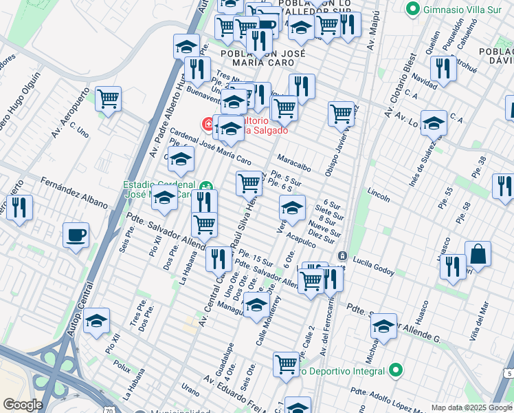 map of restaurants, bars, coffee shops, grocery stores, and more near Avenida Central Cardenal Raul Silva Henriquez in Santiago