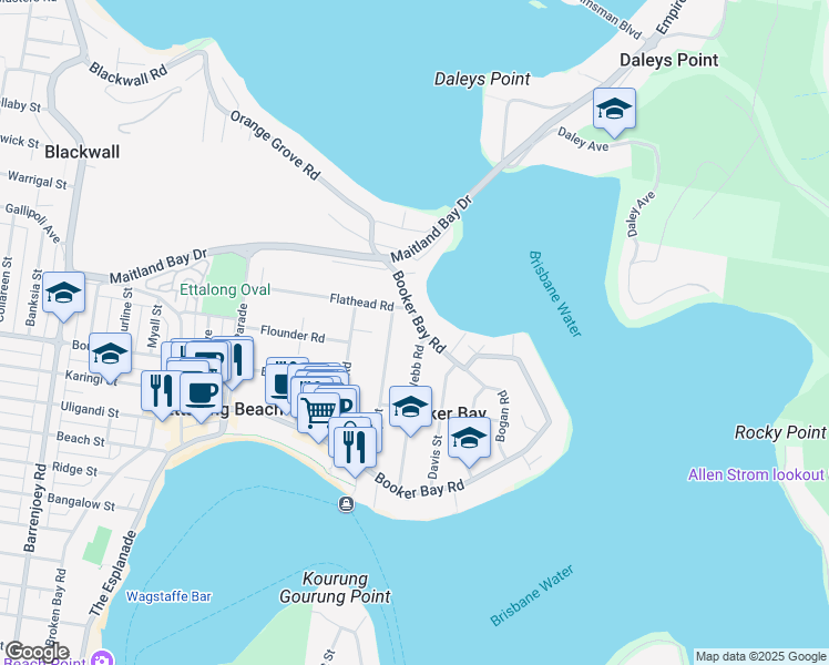 map of restaurants, bars, coffee shops, grocery stores, and more near 73 Booker Bay Road in Booker Bay