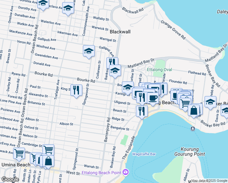 map of restaurants, bars, coffee shops, grocery stores, and more near 52 Barrenjoey Road in Ettalong Beach