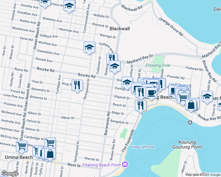 map of restaurants, bars, coffee shops, grocery stores, and more near 59 Barrenjoey Road in Ettalong Beach