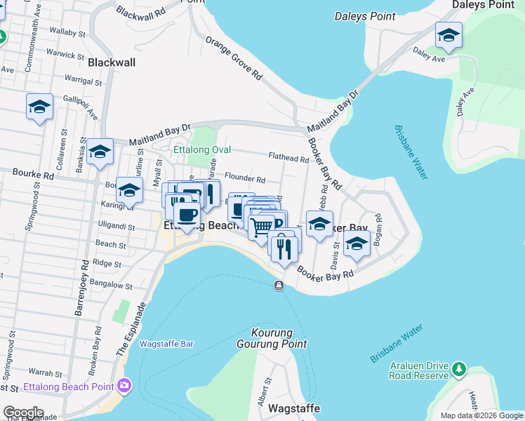 map of restaurants, bars, coffee shops, grocery stores, and more near 10 Bream Road in Ettalong Beach
