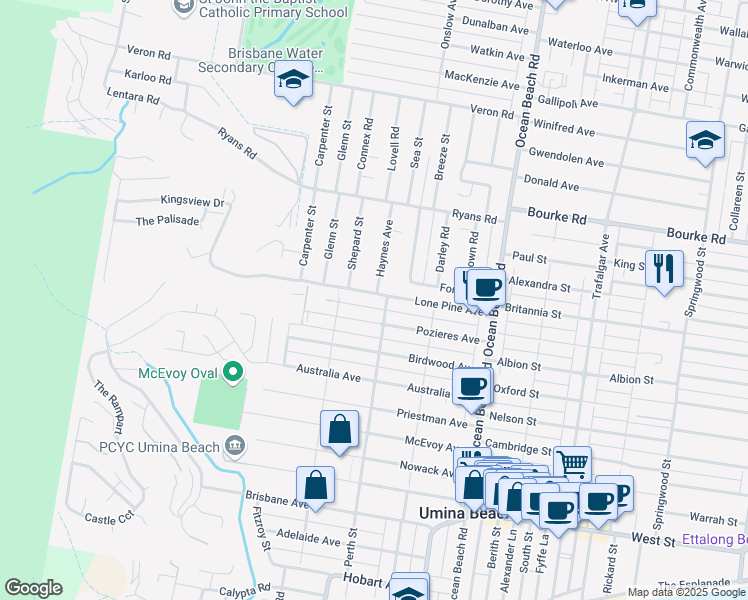 map of restaurants, bars, coffee shops, grocery stores, and more near 70 Lone Pine Avenue in Umina Beach