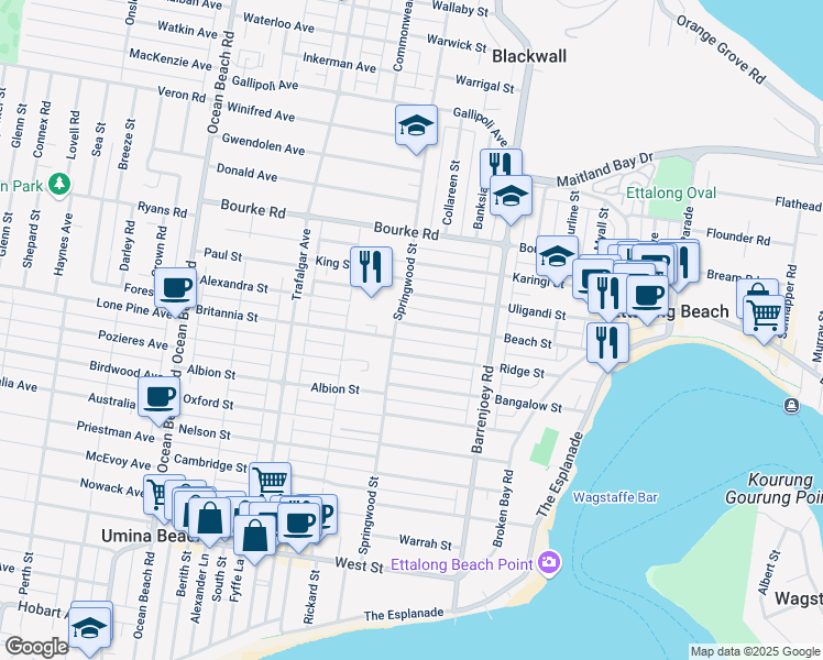 map of restaurants, bars, coffee shops, grocery stores, and more near 80 Beach Street in Ettalong Beach