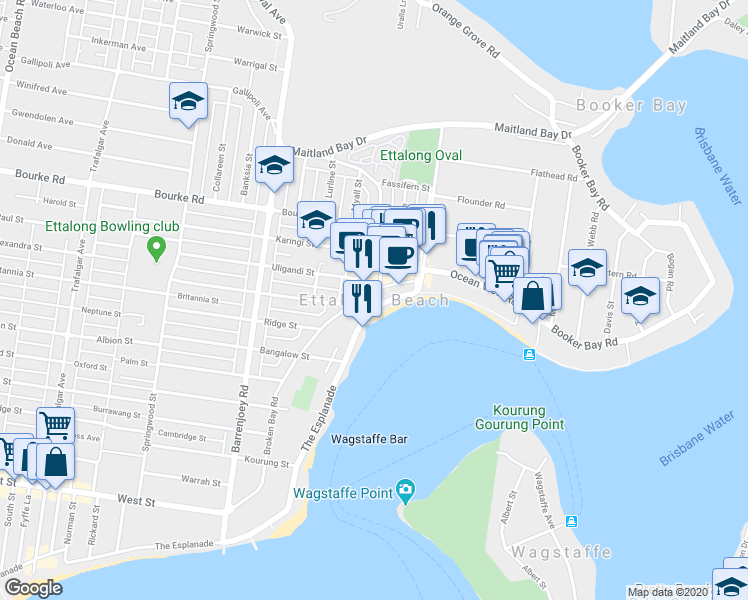 map of restaurants, bars, coffee shops, grocery stores, and more near in Ettalong Beach