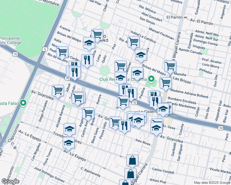 map of restaurants, bars, coffee shops, grocery stores, and more near 591 Avenida Américo Vespucio in La Cisterna