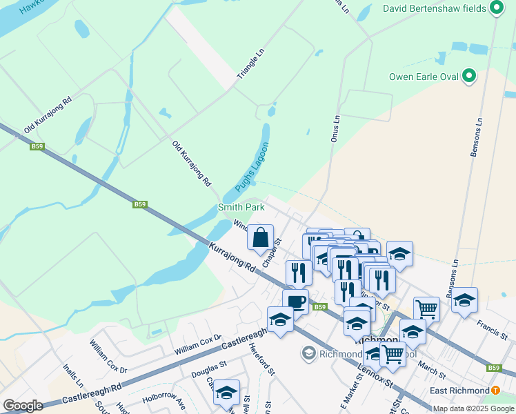 map of restaurants, bars, coffee shops, grocery stores, and more near 176 Francis Street in Richmond